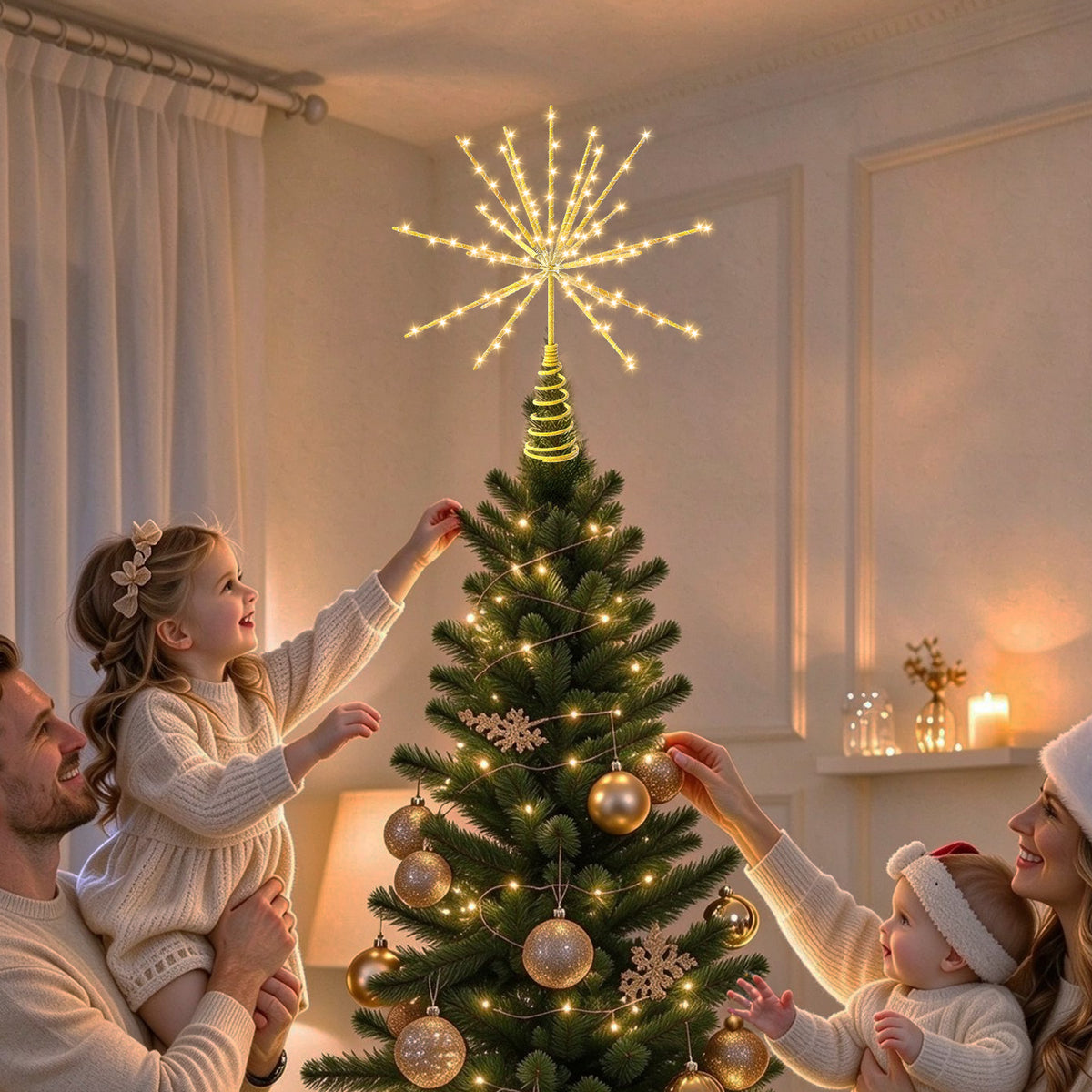 Yacona 15in Christmas Tree Star Topper with Lights, 150 LEDs Twinkling Tree Starburst Lights, Gold