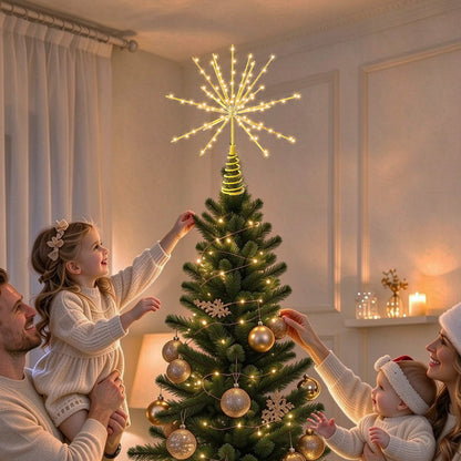 Yacona 15in Christmas Tree Star Topper with Lights, 150 LEDs Twinkling Tree Starburst Lights, Gold