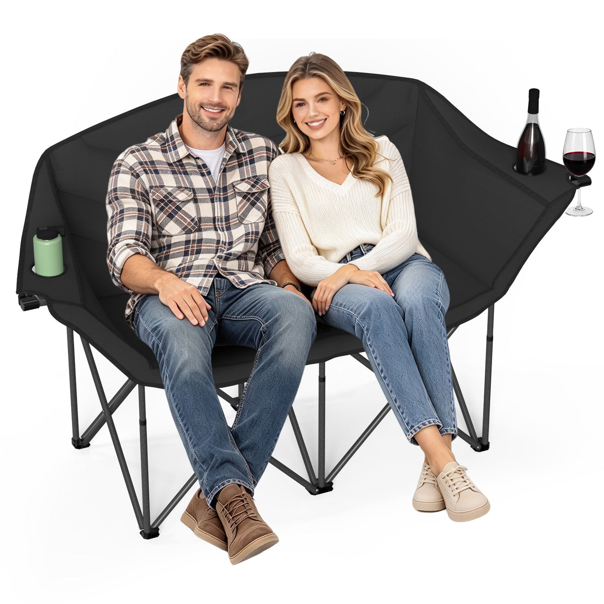 Yacona Double Camping Chairs, 2 Person Camp Chair for Adults, Heavy Duty Folding Beach Chair for Outside, 660Lbs, Black