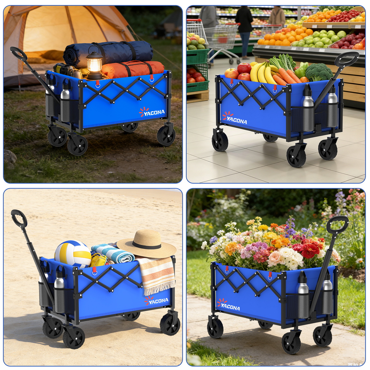 Yacona Wagons Carts Foldable, 350 lb Capacity Folding Wagon Cart with Wheels for Camping, Garden, Shopping, Blue