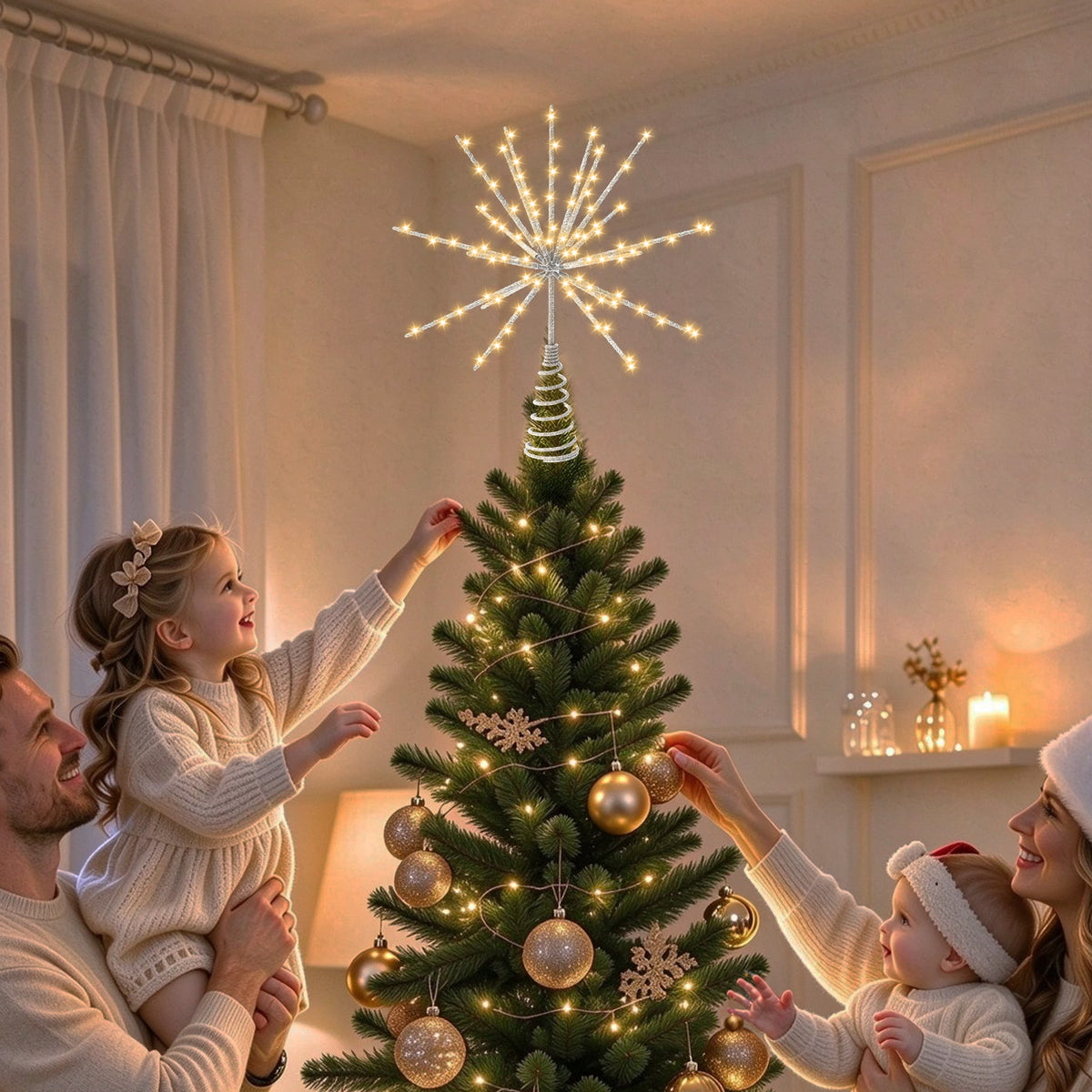 Yacona 15in Christmas Tree Star Topper with Lights, 150 LEDs Twinkling Tree Starburst Lights, Sliver