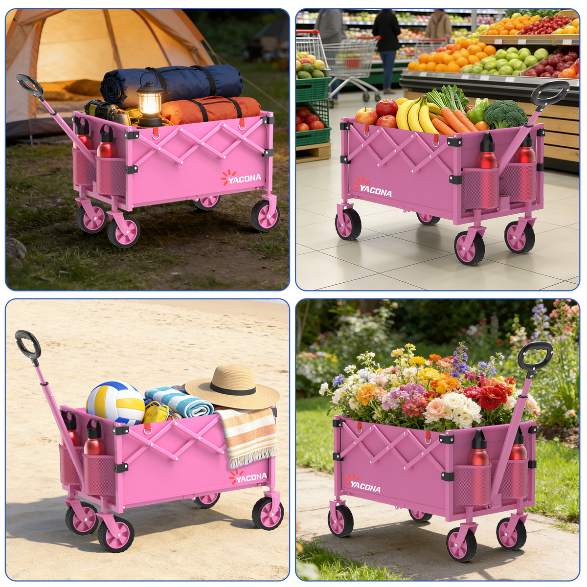 Yacona Wagons Carts Foldable, 350 lb Capacity Folding Wagon Cart with Wheels for Camping, Garden, Shopping, Pink