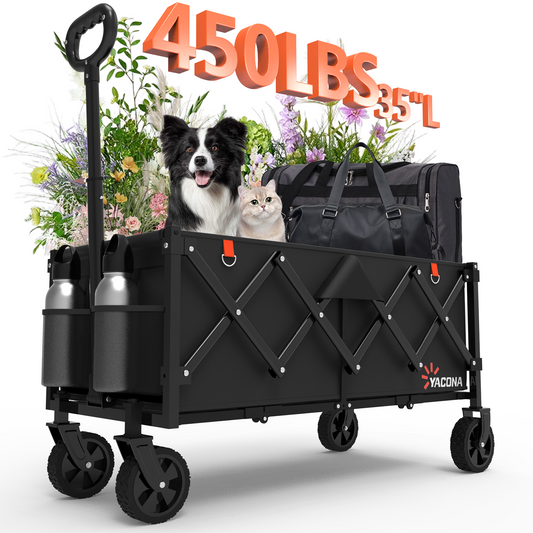 Yacona 35" L Extra Long Wagons Carts Foldable, 180L Capacity Beach Wagon, Heavy Duty Rolling Cart with Wheels, Black
