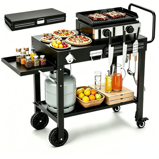 Yacona Outdoor Grill Table, Blackstone Griddle Accessories, Portable Pizza Oven Table with Pizza Topping Station, Foldable Grill Cart, Black
