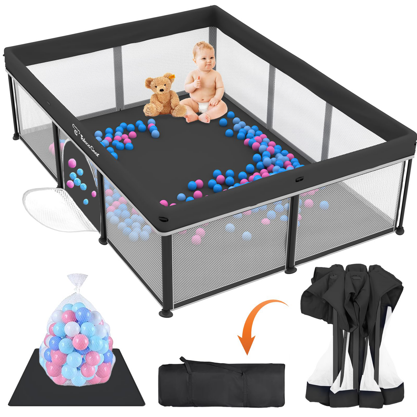 Foldable Baby Playpen with Mat, Collapsible Play Pen for Babies and Toddlers, Indoor & Outdoor Kids Safety Play Pen, Portable Play Yard with 50 Ocean Balls, 50"×70", Gray