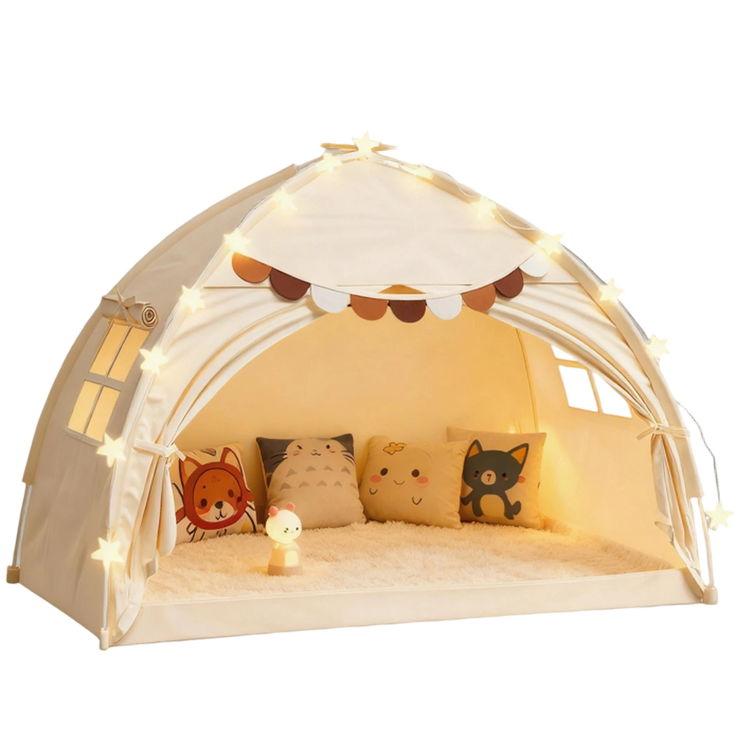 Toddler Bed Canopy Tent, Fits Standard Toddler Bed Frame, Portable Indoor Sleeping Kids Tent with Light, Pop-Up Privacy Breathable Canopy, Beige