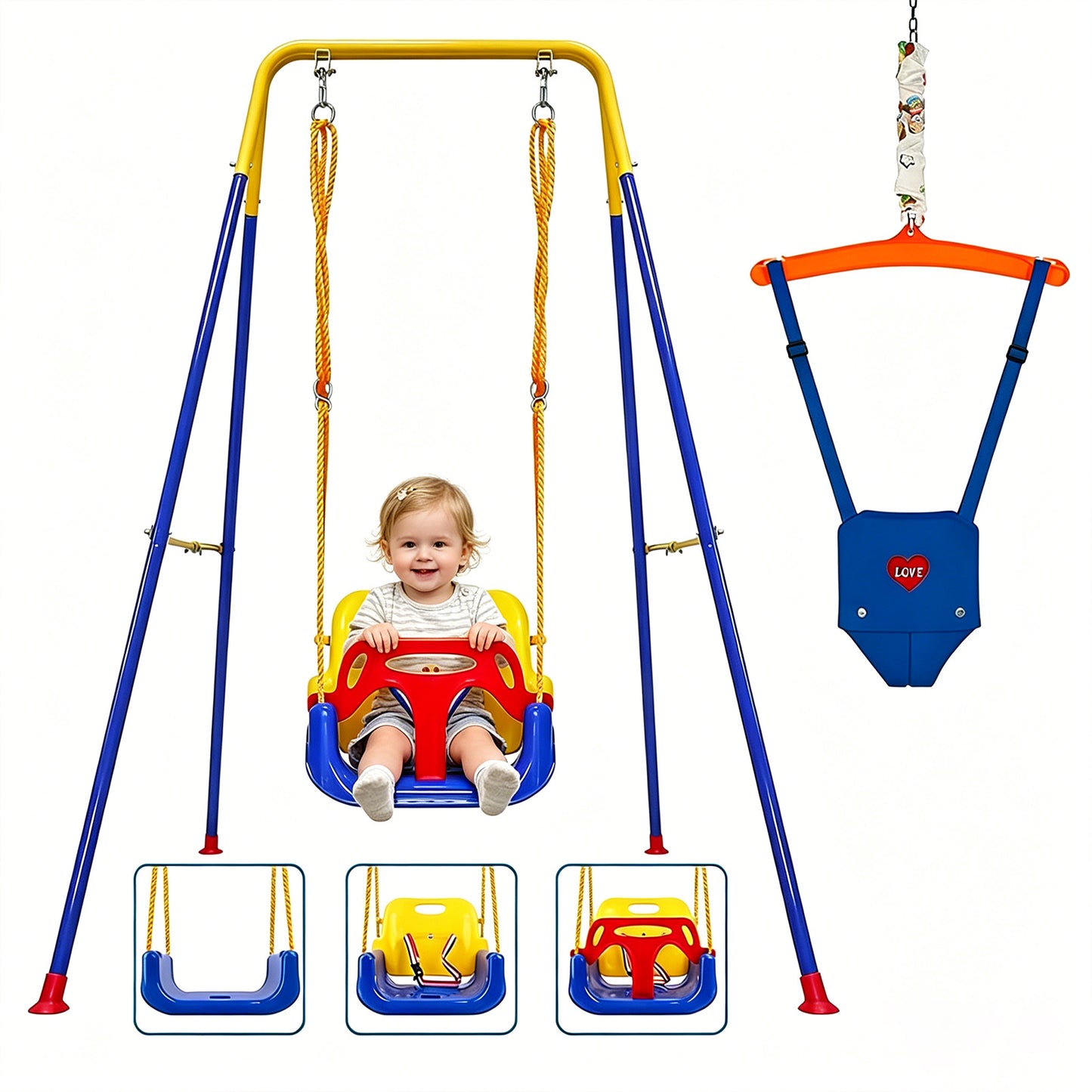 SEMOPRUS 2 in 1 Toddler Swing & Jumper, Foldable Baby Jumpers and Bouncers, Easy to Assemble & Store for Indoor/Outdoor, Yellow and Blue