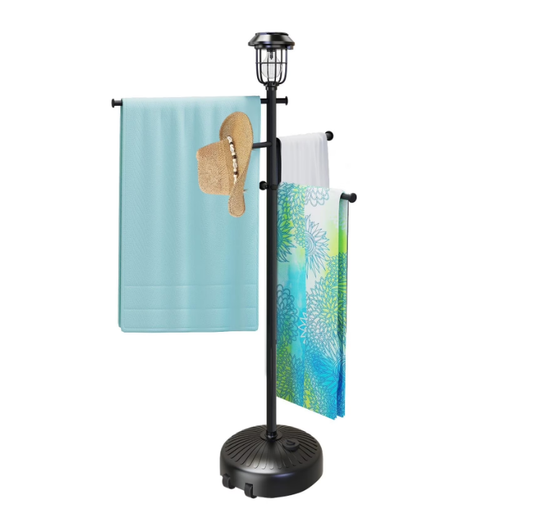 Yacona Standing Towel Rack, Towel Holder with Backyards Lights, Adjustable Solar-Powered Pool Towel Rack Outdoor with Wheels