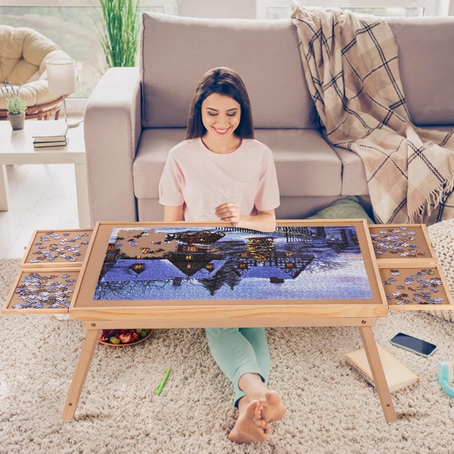 G TALECO GEAR Jigsaw Puzzle Table with Drawers, Legs and Cover, Wooden Puzzle Board for Adults 1500 Pieces, Puzzles Accessories, 34.3 "x 26.5"