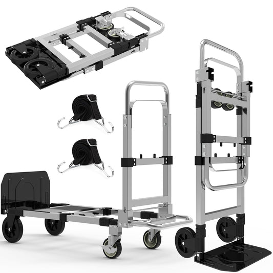 3-in-1 Heavy Duty Folding Dolly, Convertible Hand Truck Portable Steel with Telescopic Handle & Dolly Cart with Rubber Wheels, 580LB Capacity,Silver