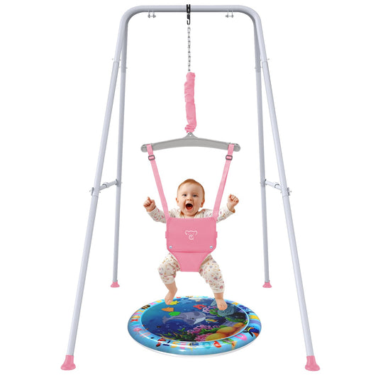 G TALECO Baby Jumper with Stand, Doorway Activity Center for Infants 3-24 Months, Portable Safe Bouncer with Soft Seat, Includes Water Mat, Pink