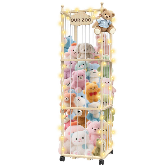 G TALECO GEAR Stuffed Animal Storage Zoo Extra Large Stuffed Animal Holder Space Save Toy Organizer with Wheels for Nursery Playroom Bedroom, Wood, Natural