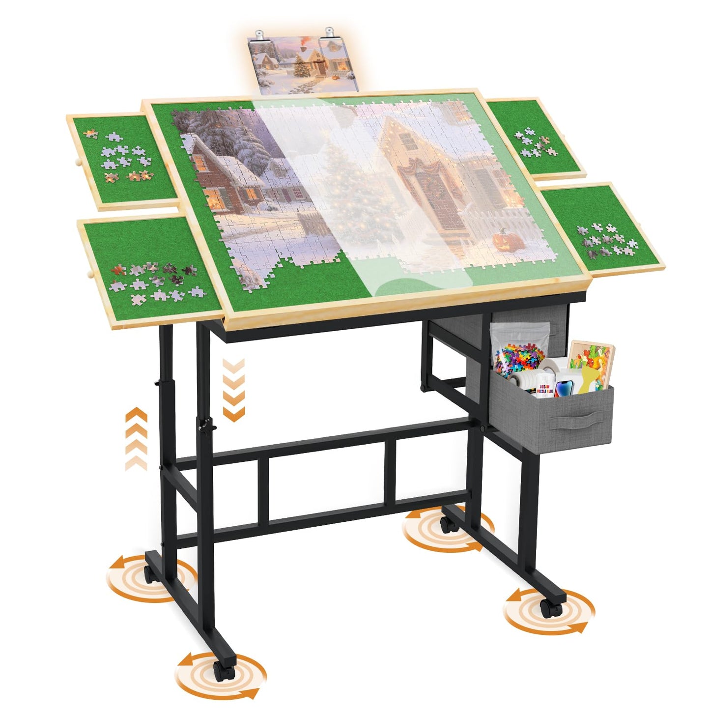 Jigsaw Puzzle Table 1500 Pieces with Drawer and Legs, Five Tilt Angle Adjustable, Portable Puzzle Table for Adults with Protective Cover, Green&White