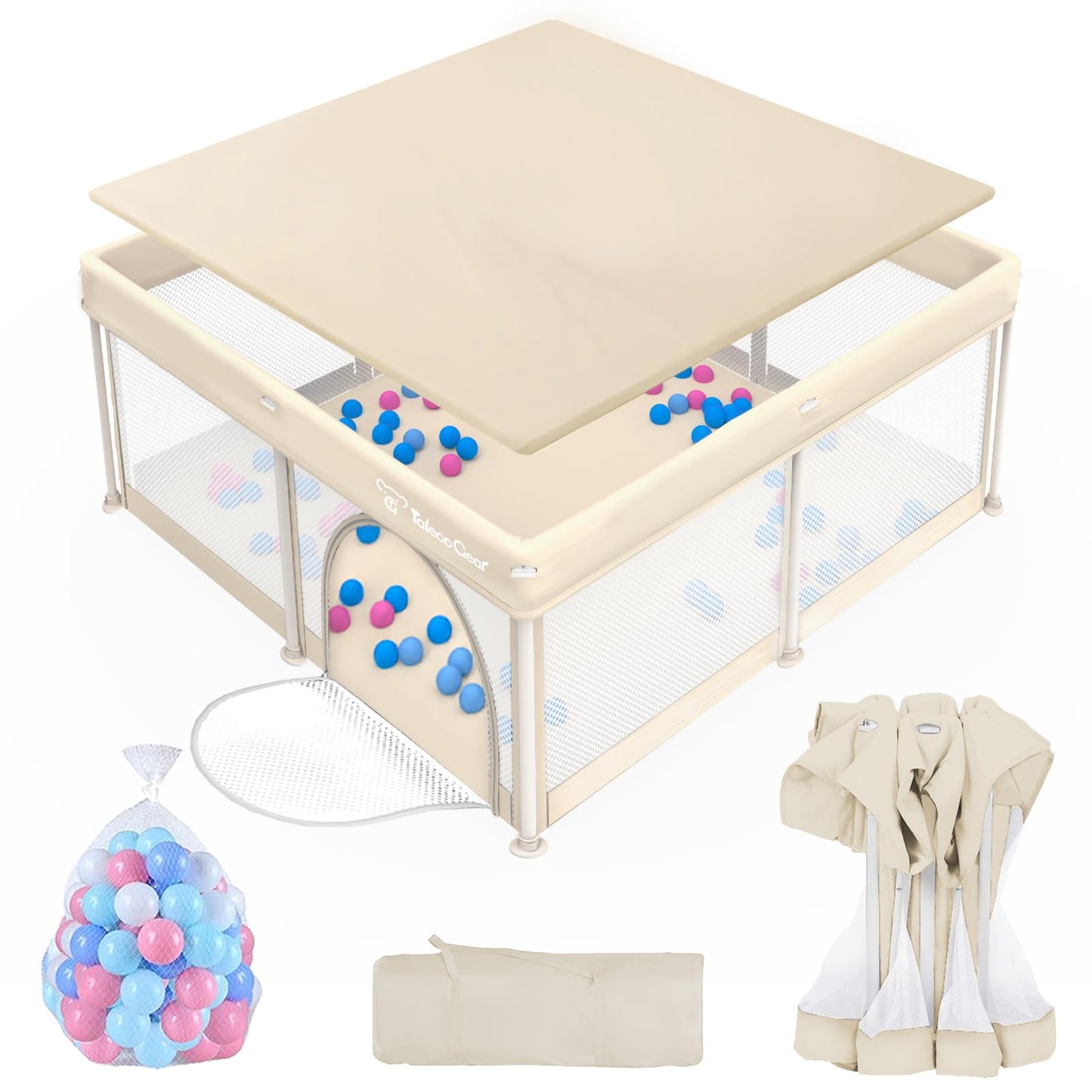 Foldable Baby Playpen with Mat, Collapsible Play Pen for Babies and Toddlers, Indoor &amp; Outdoor Kids Safety Play Pen, Portable Play Yard with 50 Ocean Balls, 50"×50", Black, Gray, Green, Yellow, Beige