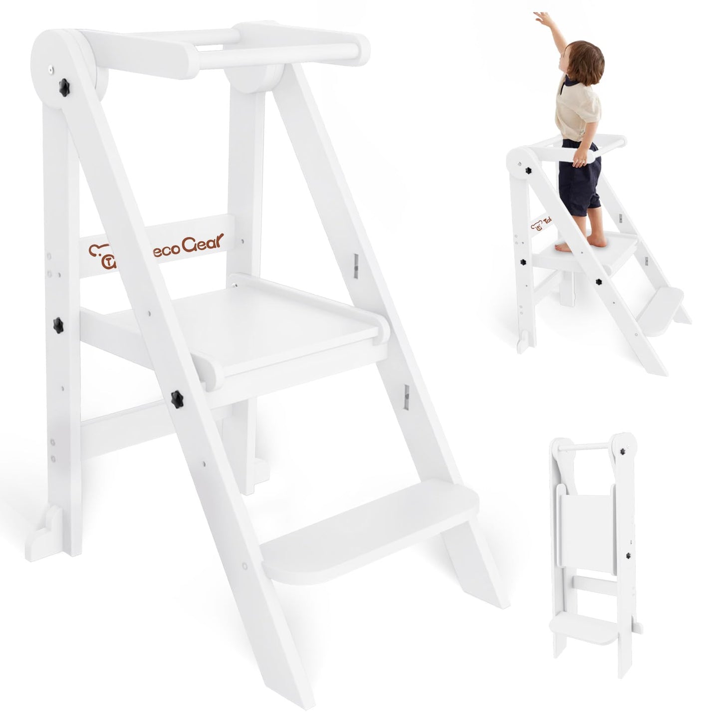 G TALECO GEAR Foldable Toddler Tower, Kitchen Kids Step Stool Helper, Standing Tower with 3 Adjustable Heights, Black