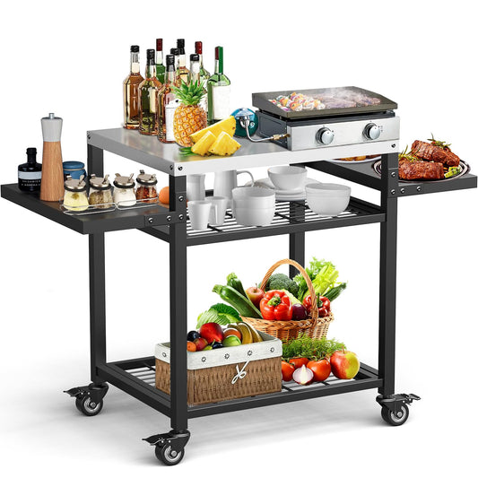 RAXSINYER Grill Table for Outside, Grill Cart with Three-Shelf, Outdoor Kitchen Island for BBQ Food Prep, Stainless Steel