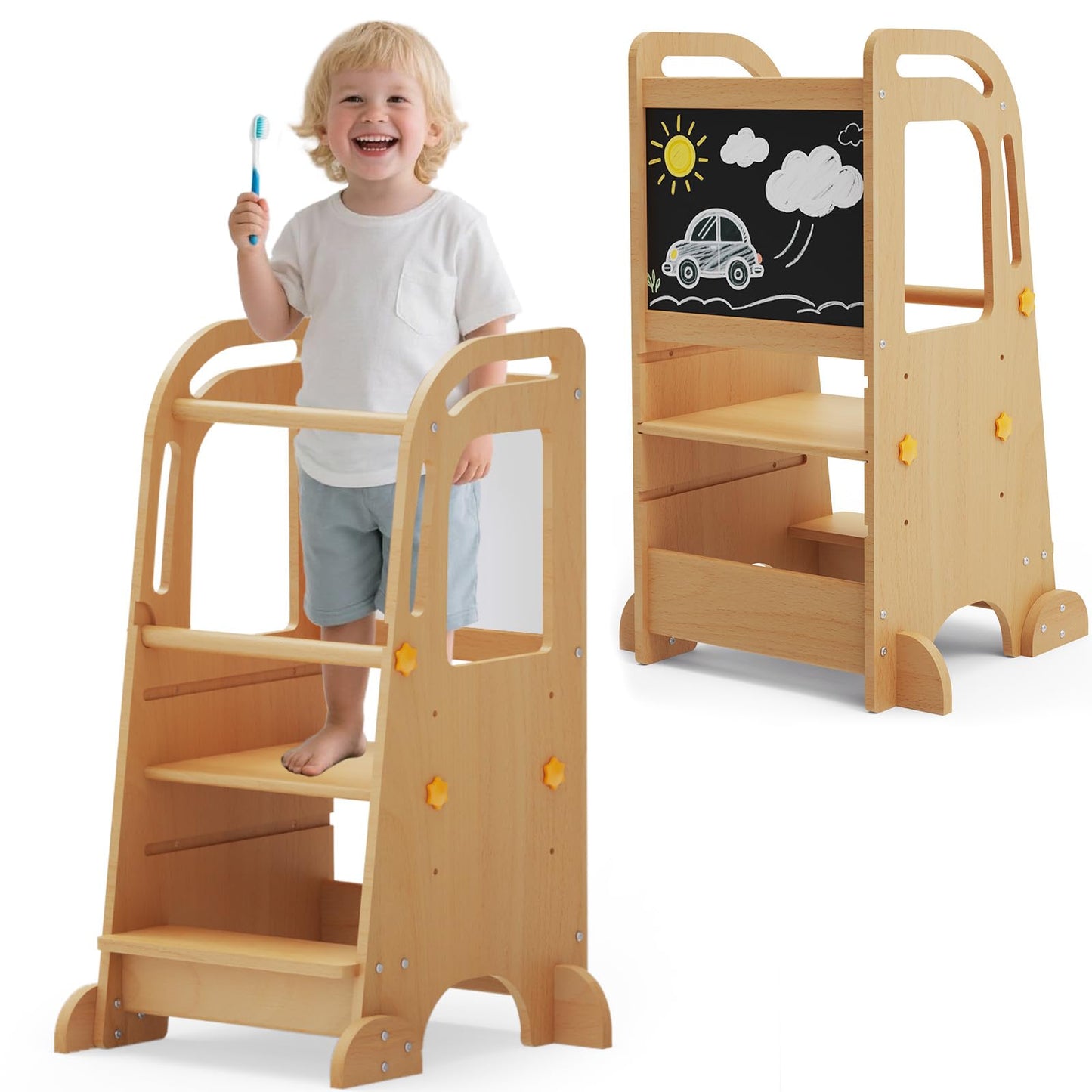 G TALECO GEAR Wooden Toddler Tower Adjustable Height Step Stool, Kitchen Kids Step Stool Helper with 3 Fun Learning Activities (Bead,Maze,Clock),Nature