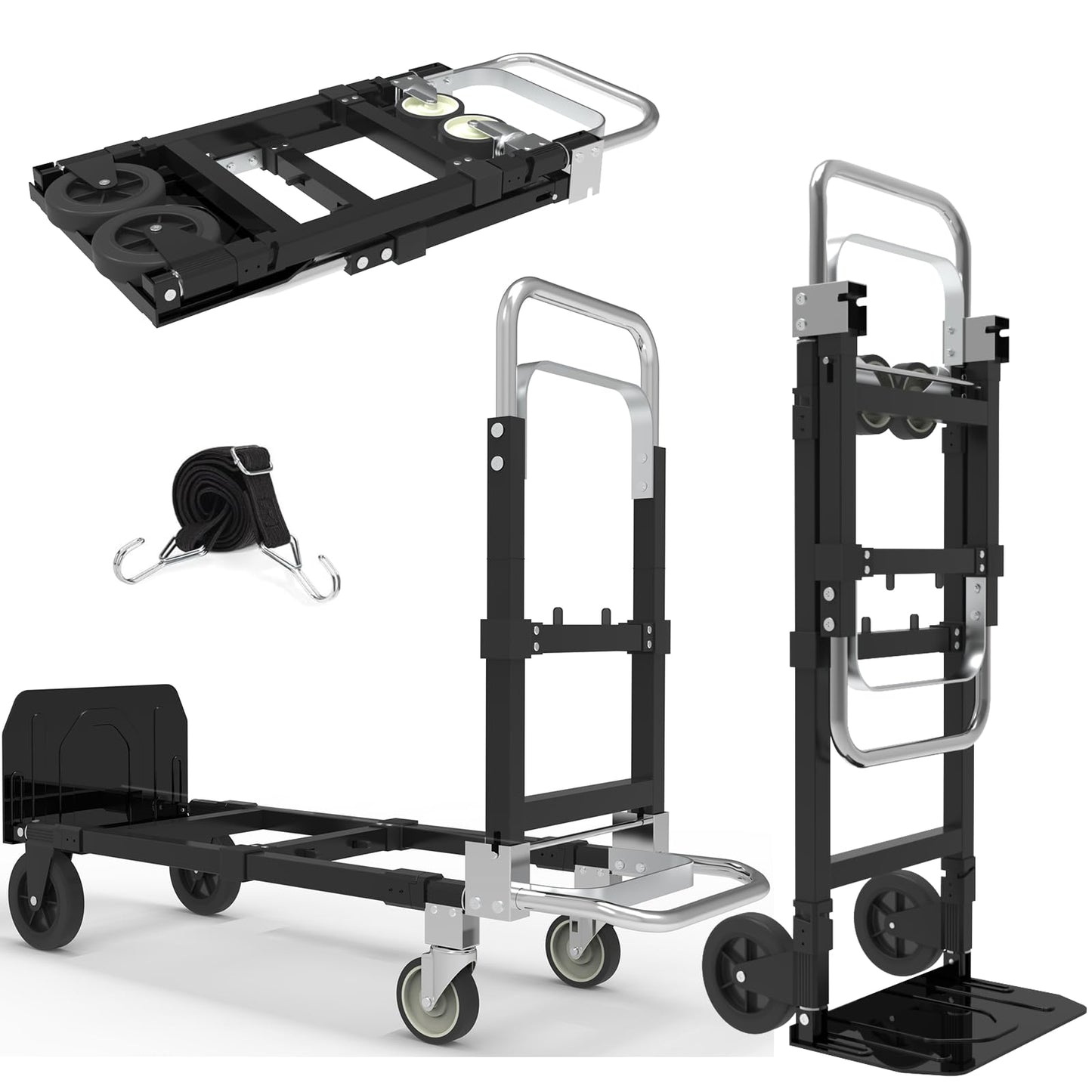 3-in-1 Heavy Duty Folding Dolly, Convertible Hand Truck Portable Steel with Telescopic Handle & Dolly Cart with Rubber Wheels, 580LB Capacity,Black