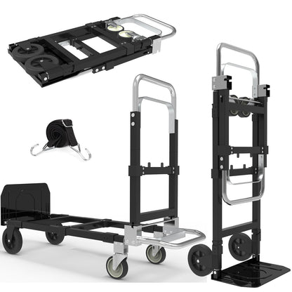 3-in-1 Heavy Duty Folding Dolly, Convertible Hand Truck Portable Steel with Telescopic Handle & Dolly Cart with Rubber Wheels, 580LB Capacity,Black