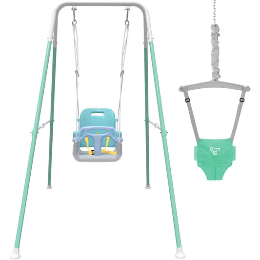 Semoprus Foldable Toddler Swing, 2 in 1 Swing Sets for Backyard, White & Green
