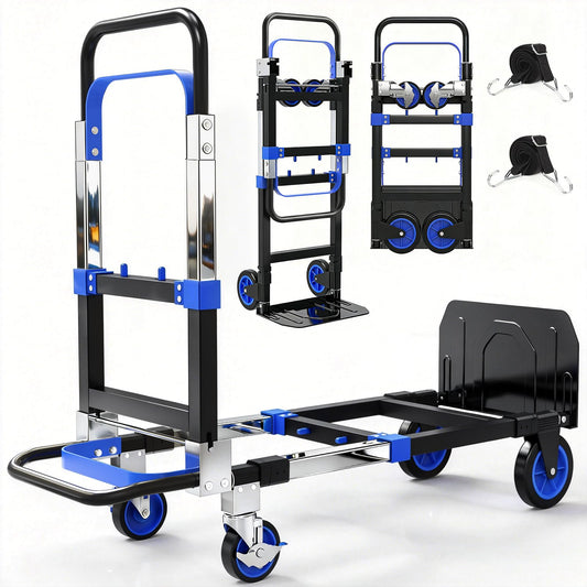 Yacona 3-in-1 Folding Hand Truck, Foldable Dolly Cart with Wheels Heavy Duty, Convertible Hand Cart for Moving with Retractable Handle, Blue
