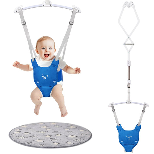 Baby Jumper, Baby Doorway Jumper with Adjustable Strap, Protable Baby Jumpers and Bouncers, Easy to Assemble, Toddler Bouncer Jumper with Water Mat, Blue