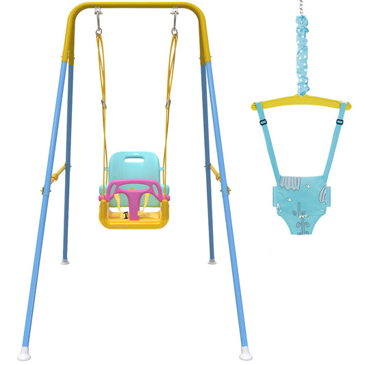 Semoprus Foldable Toddler Swing, 2 in 1 Swing Sets for Backyard, Yellow & Blue