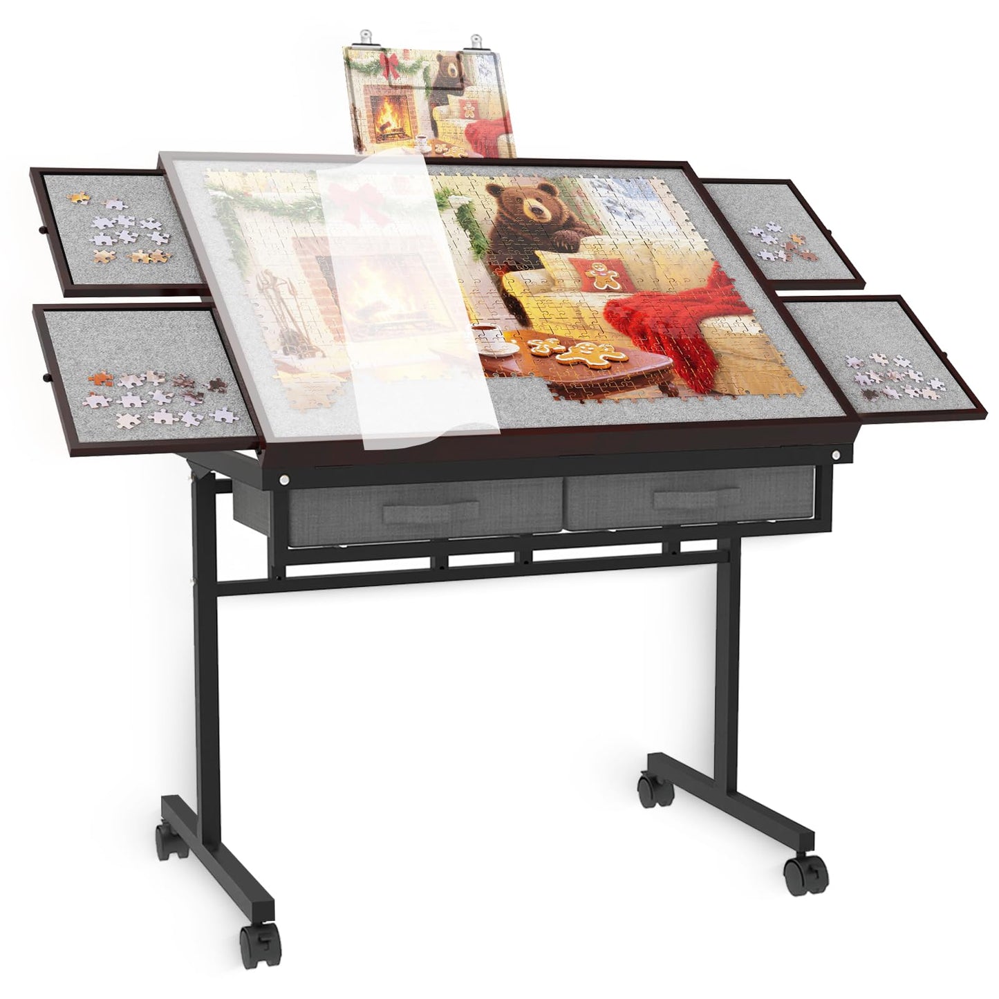 Jigsaw Puzzle Table 2000 Pieces with Drawer and Legs, Five Tilt Angle Adjustable, Portable Puzzle Table for Adults with Protective Cover, Coffee color