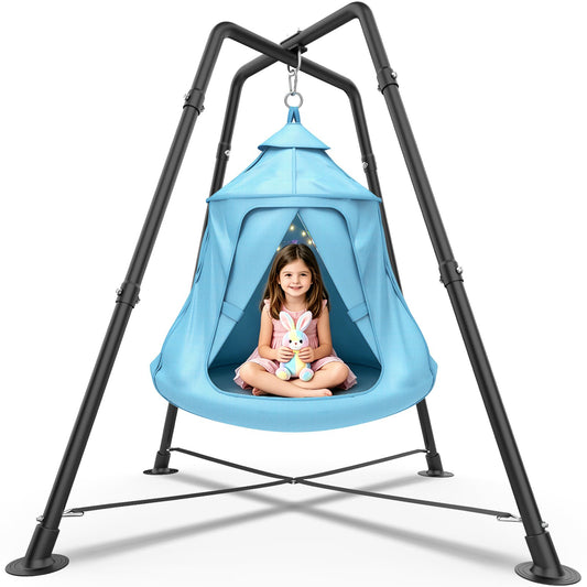 X-Shaped Hammock Chair Stand with Swing Chair, Hanging Tree Tent with Swing Stand for Indoor Outdoor, 330lbs Weight Capacity, Blue