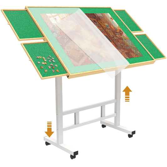 Adjustable Jigsaw Puzzle Table with Cover & Drawers, 1500-Piece Capacity, 34×26in Puzzle Board with Legs & Height Adjustment, White, Coffee