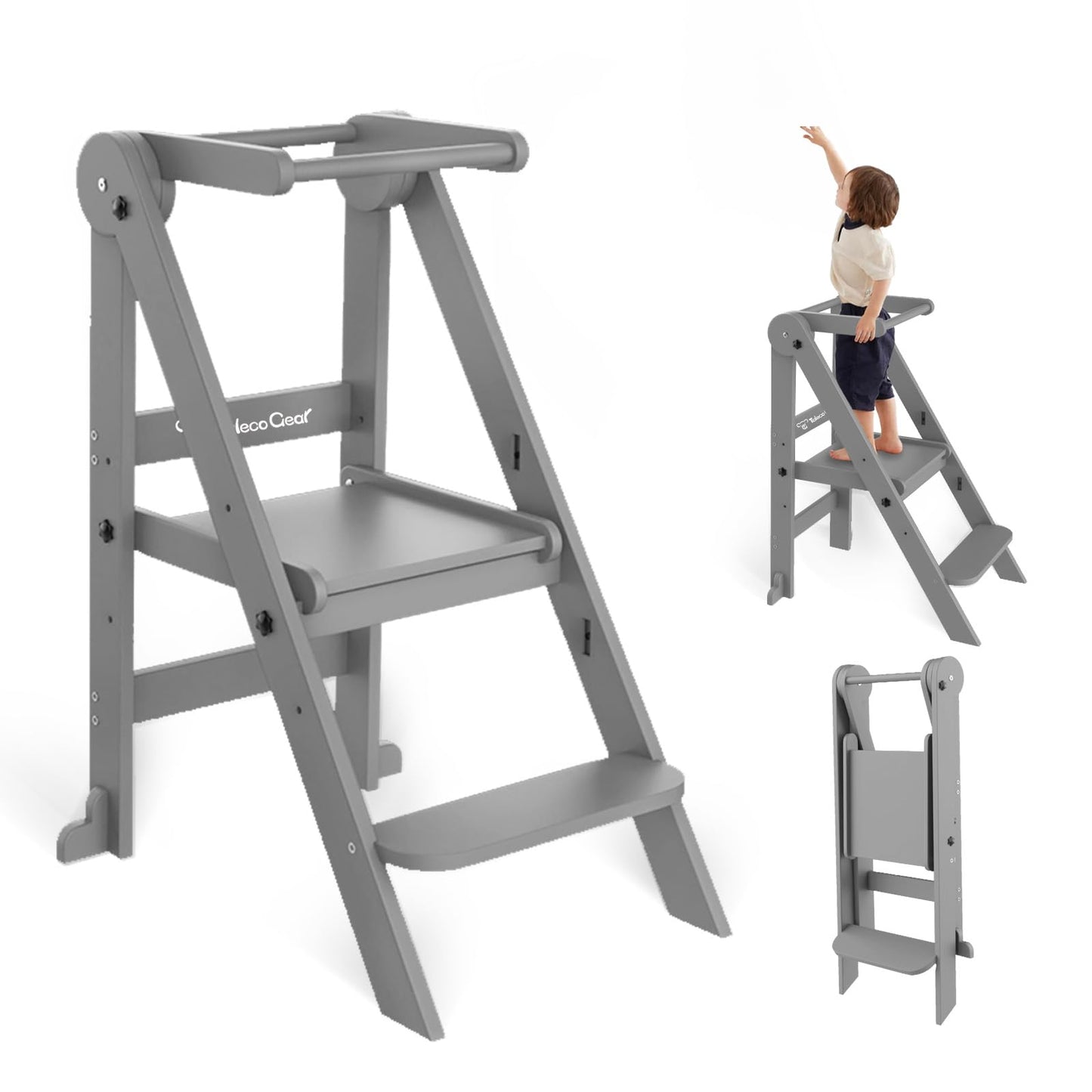 G TALECO GEAR Foldable Toddler Tower, Kitchen Kids Step Stool Helper, Standing Tower with 3 Adjustable Heights, Black
