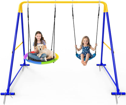 G TALECO GEAR 440lbs 2 Seat Swing Sets for Backyard, 1 Saucer Swing and 1 Belt Swing with Heavy Duty Outdoor A-Frame Metal Swing Stand for Playground, Playset