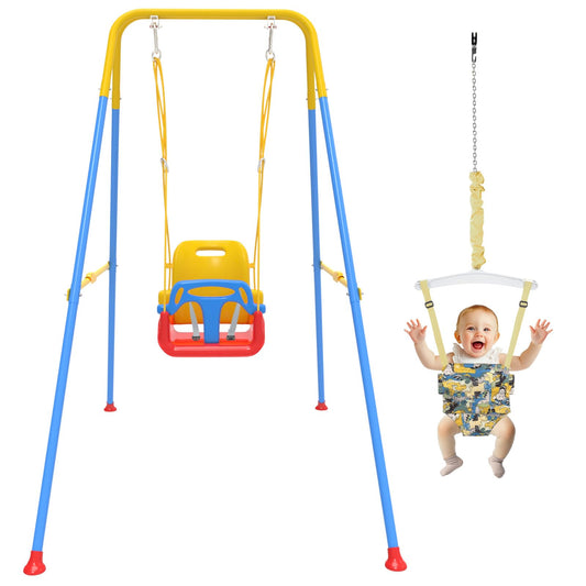 G TALECO GEAR Foldable Toddler Swing with Soft Cushion, 2 in 1 Swing Sets for Backyard, Blue