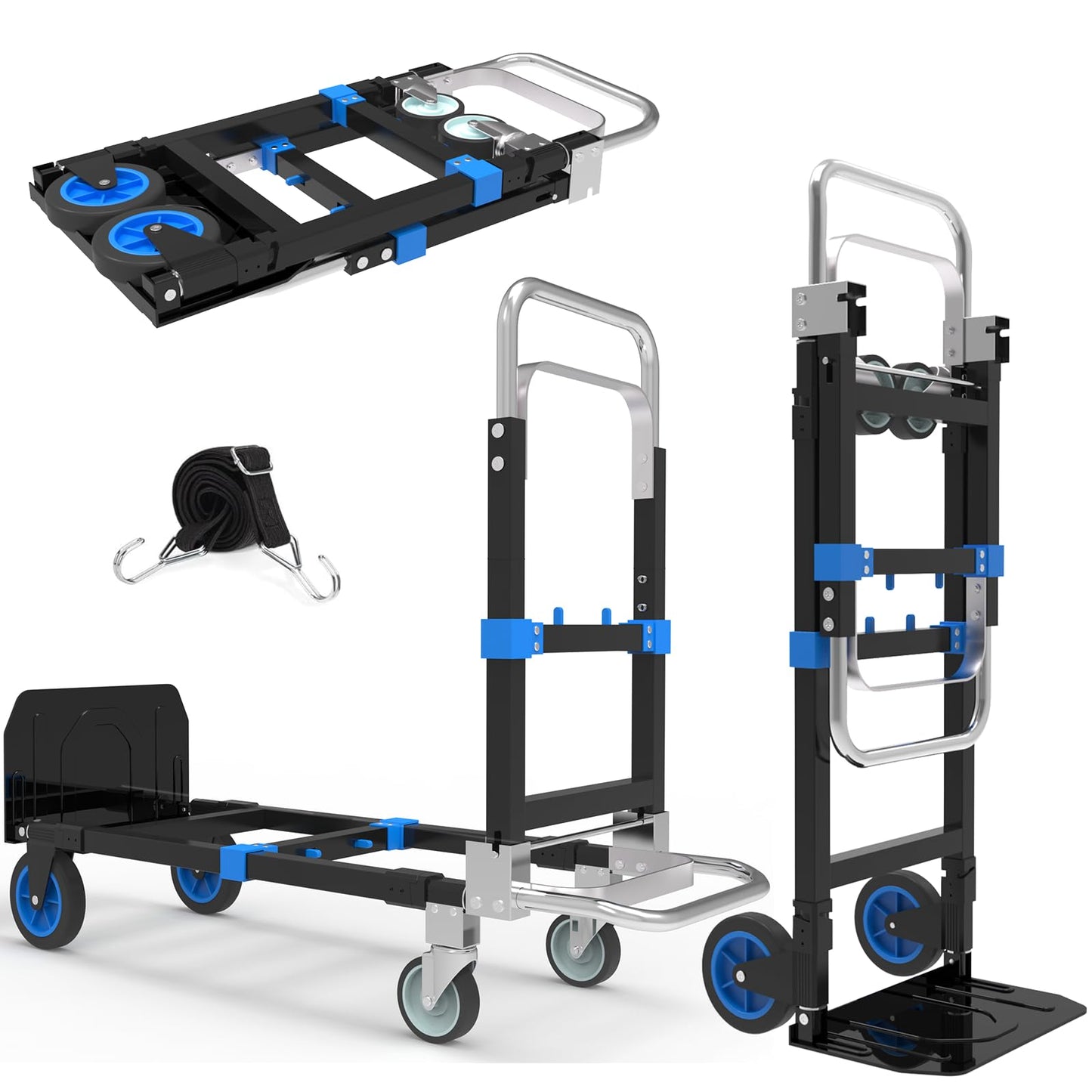 3-in-1 Heavy Duty Folding Dolly, Convertible Hand Truck Portable Steel with Telescopic Handle & Dolly Cart with Rubber Wheels, 580LB Capacity,Blue