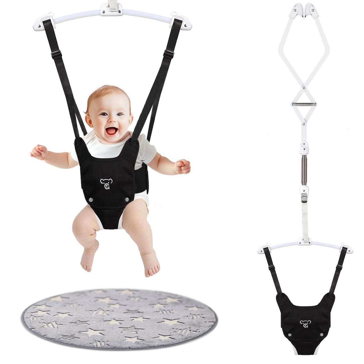 Semoprus Baby Jumper, Baby Doorway Jumper with Adjustable Strap, Protable Baby Jumpers and Bouncers, Easy to Assemble, Toddler Bouncer Jumper with Floor Mat, Black
