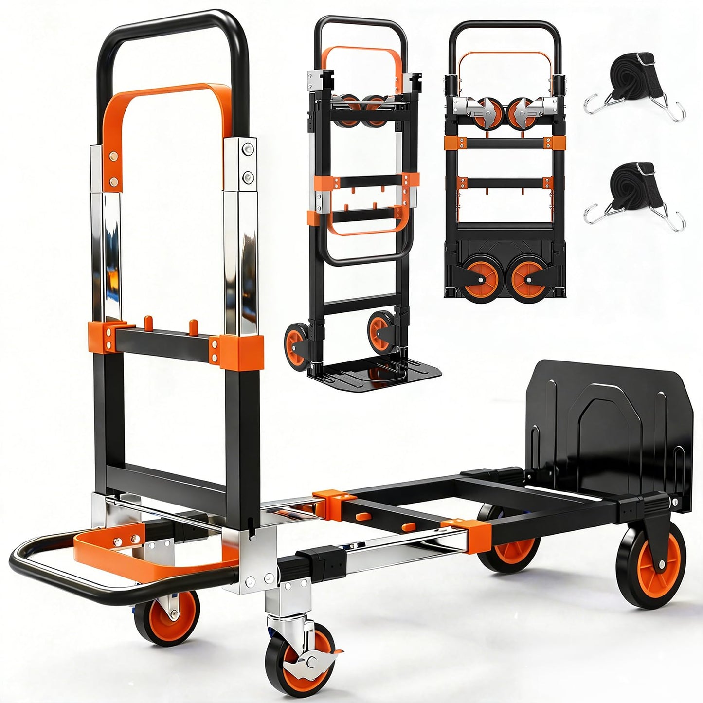 Yacona 3-in-1 Folding Hand Truck, Foldable Dolly Cart with Wheels Heavy Duty, Convertible Hand Cart for Moving with Retractable Handle, Orange