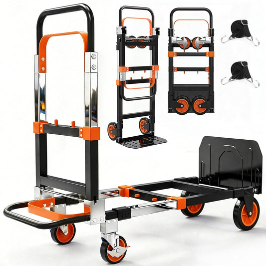 Yacona 3-in-1 Folding Hand Truck, Foldable Dolly Cart with Wheels Heavy Duty, Convertible Hand Cart for Moving with Retractable Handle, Orange