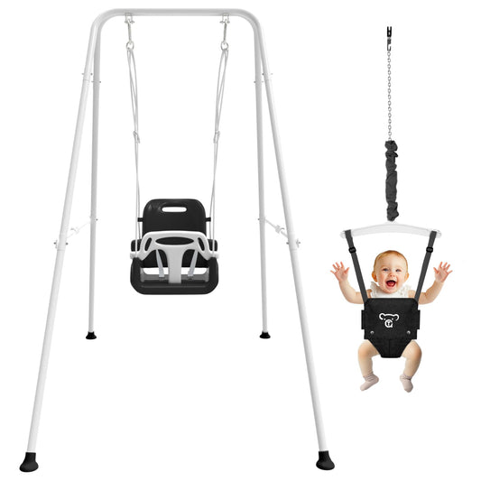 Semoprus 2 in 1 Baby Jumpers and Bouncers, Swing Sets for Backyard, Foldable Toddler Swing with Soft Cushion, Blcak