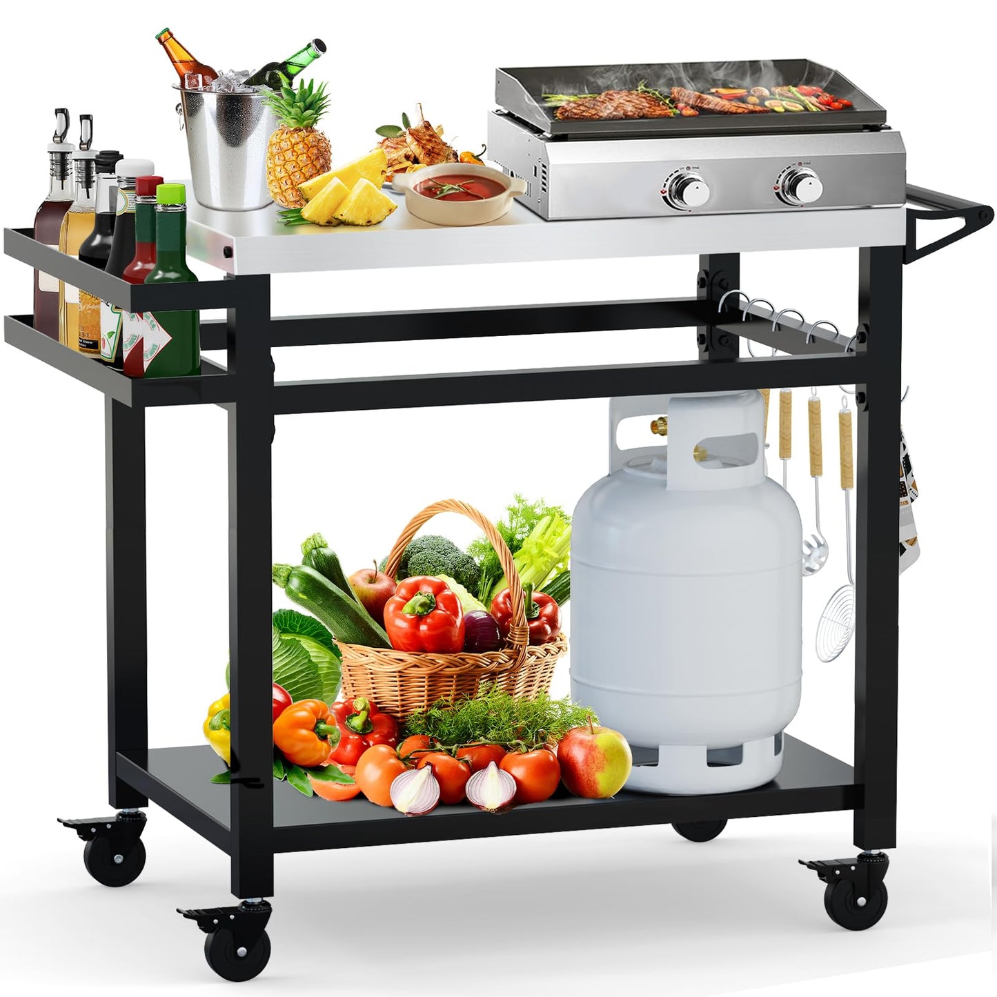 RAXSINYER Grill Table, Movable Grill Cart with Wheels, Outdoor Kitchen Food Prep Table, 32"x 20", Stainless Steel, Black