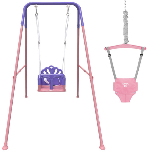 Semoprus Foldable Toddler Swing, 2 in 1 Swing Sets for Backyard, Pink & Purple