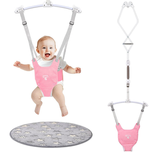 Baby Jumper, Baby Doorway Jumper with Adjustable Strap, Protable Baby Jumpers and Bouncers, Easy to Assemble, Toddler Bouncer Jumper with Water Mat, Pink