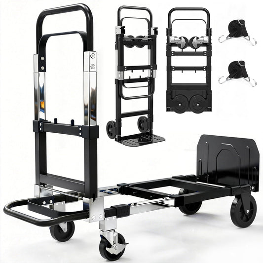 Yacona 3-in-1 Folding Hand Truck, Foldable Dolly Cart with Wheels Heavy Duty, Convertible Hand Cart for Moving with Retractable Handle, Black