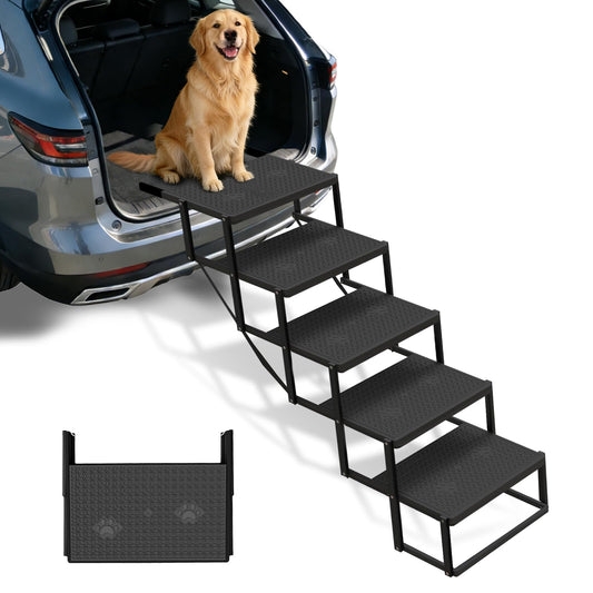 Yacona Dog Stairs for Large Dogs, 5 Steps Dog Steps for Car, Foldable Pet Steps for Truck, Supports up to 220lbs, Black