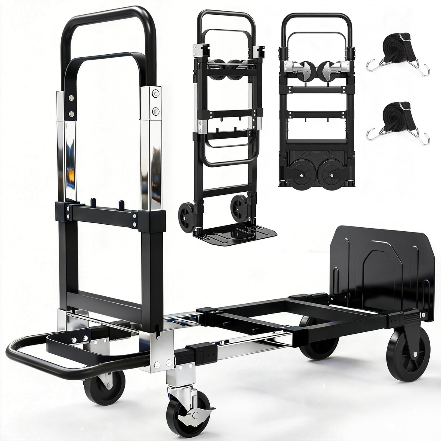 3-in-1 Folding Hand Truck with Rubber Wheels, Chrome PlatedDolly Cart with Telescopic Handle, Heavy Duty Convertible Dolly for Luggages, Cartons, Warehouse, Office, Black