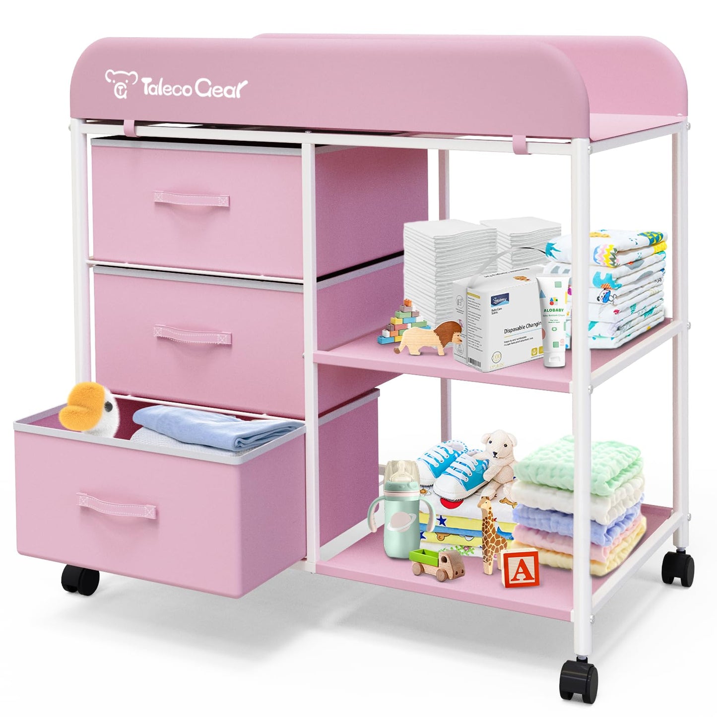 G TALECO GEAR Baby Changing Table, Portable Diaper Changing Station with Wheels, Nursery Organizer for Newborn and Infant, Light Gray,Dark Gray,Pink,Blue
