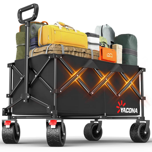 Yacona Collapsible Wagon Cart, 300L Extra Large Foldable Wagon for Camping, Garden, Shopping, Beach, Grocery, Black