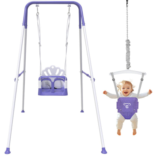 Semoprus 2 in 1 Foldable Toddler Swing and Baby Jumper, Baby Bouncer Jumper, Swing Set for Backyard, Easy to Install & Store, Purple
