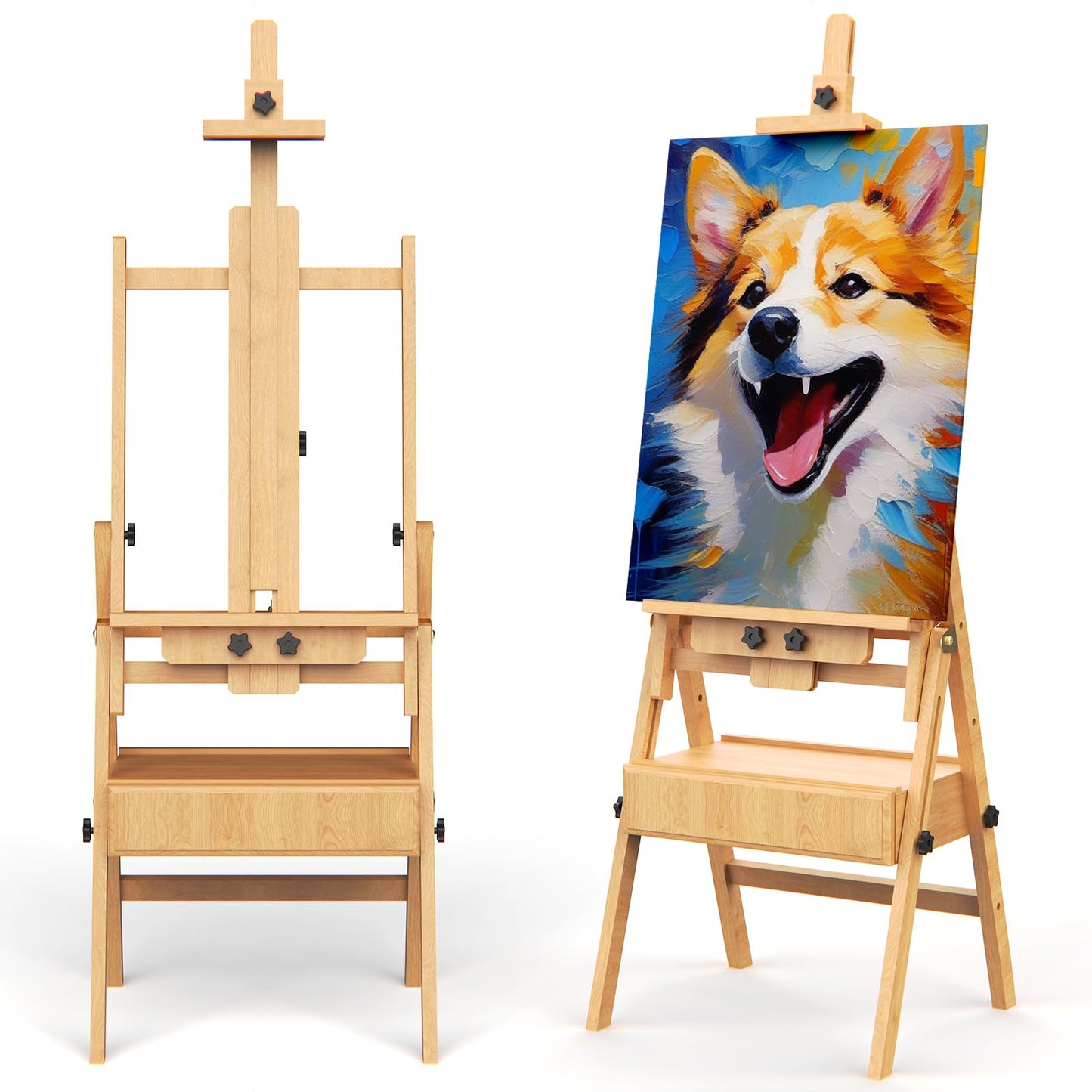 Large Solid Beech Wood Easel for Painting with Storage Drawer and Palette, Foldable Art Easel with for Adults, Holder up to 48''