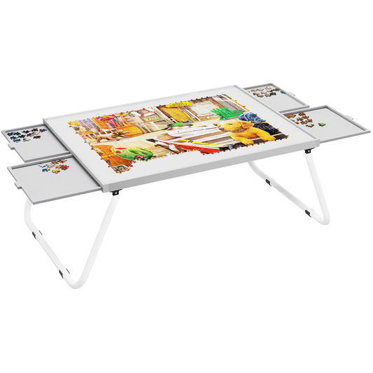 Puzzle Table 1500pcs, Metal & Plastic Frame, 4 Drawers, U-Shaped Legs, Grey & White, 15.35 Inch Height
