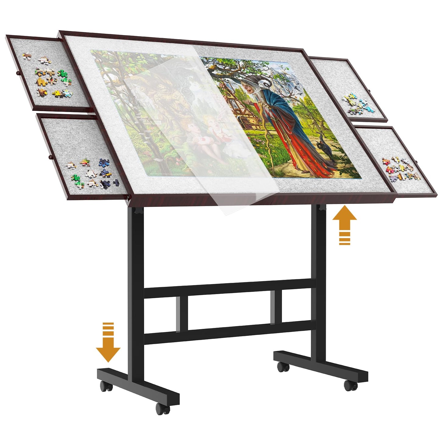 Adjustable Jigsaw Puzzle Table with Cover & Drawers, 1500-Piece Capacity, 34×26in Puzzle Board with Legs & Height Adjustment, White, Coffee